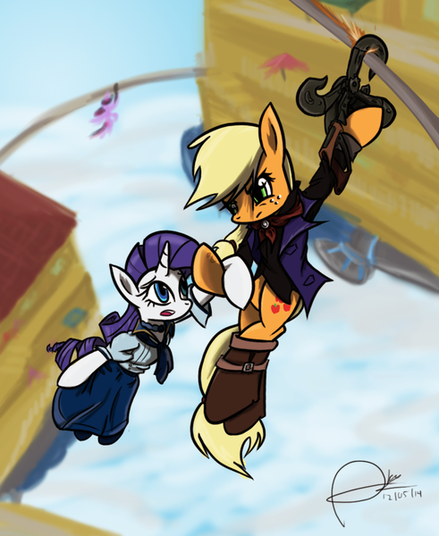 Size: 765x935 | Tagged: applejack, artist:mrasianhappydude, bioshock infinite, crossover, derpibooru import, rarity, safe, twilight sparkle, unpleasant implications