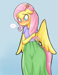 Size: 1006x1280 | Tagged: ambiguous facial structure, anthro, artist:basketgardevoir, ask, blushing, breasts, clothes, delicious flat chest, derpibooru import, embarrassed, flattershy, floppy ears, flutterbutt, fluttershy, grin, looking down, nervous, safe, shy, skirt, smiling, solo, spread wings, sweat, tumblr, wide eyes