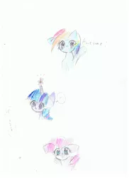 Size: 1700x2338 | Tagged: safe, artist:kuronekofafa1, derpibooru import, pinkie pie, rainbow dash, twilight sparkle, blushing, confused, flower, looking at you, :o, pixiv, question mark, smiling, traditional art