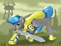 Size: 2400x1800 | Tagged: safe, artist:captainpudgemuffin, derpibooru import, oc, oc:cloud zapper, unofficial characters only, pegasus, pony, armor, looking at you, royal guard, solo, sword, weapon