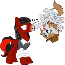 Size: 2590x2625 | Tagged: safe, artist:daydreamsyndrom, derpibooru import, oc, oc:florid, unofficial characters only, earth pony, pegasus, pony, boop, duo, flying, freckles, nose wrinkle, open mouth, red and black oc, scrunchy face, smiling, spread wings, upside down, wide eyes