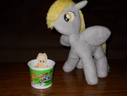 Size: 700x525 | Tagged: safe, artist:eratosofcyrene, derpibooru import, applejack, derpy hooves, pegasus, pony, apple jacks, appletini, cereal, female, irl, mare, photo, plush derpy, plushie