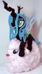 Size: 677x1181 | Tagged: safe, artist:cryptic-enigma, derpibooru import, queen chrysalis, oc, oc:fluffle puff, canon x oc, chrysipuff, cute, cutealis, female, flufflebetes, irl, lesbian, photo, plushie, shipping