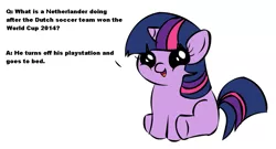 Size: 999x540 | Tagged: derpibooru import, dutch, exploitable meme, filly, filly twilight sparkle, filly twilight telling an offensive joke, football, joke, meme, netherlands, obligatory pony, safe, solo, twilight sparkle, vulgar, world cup