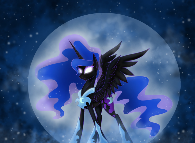 Size: 1024x750 | Tagged: safe, artist:derpsonhooves, derpibooru import, nightmare moon, alicorn, pony, glowing eyes, moong, smiling, smirk, solo, spread wings, standing