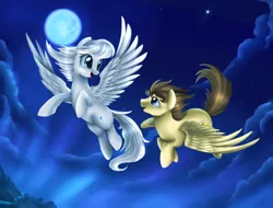 Size: 3606x2734 | Tagged: safe, artist:pridark, derpibooru import, oc, oc:star, oc:summer rays, unofficial characters only, pegasus, pony, cloud, duo, female, flying, full moon, looking at each other, male, mare, moon, night, night sky, open mouth, signature, sky, smiling, spread wings, stallion, starry night, wings
