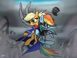 Size: 2008x1535 | Tagged: amputee, applejack, artificial wings, artist:mrasianhappydude, augmented, badass, blades, derpibooru import, gears of nature, goggles, hat, hilarious in hindsight, mechanical wing, prosthetic limb, prosthetics, prosthetic wing, rainbow dash, safe, wings
