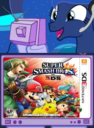 Size: 562x765 | Tagged: safe, derpibooru import, princess luna, gamer luna, 3ds, e3 2014, exploitable meme, link, meme, nintendo, obligatory pony, super smash bros., super smash bros. 4, the legend of zelda, tv meme