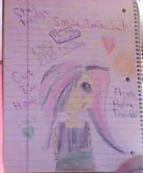 Size: 300x360 | Tagged: artist:gracie_cleopatra, blurry, cut, emo, emoshy, fluttershy, lined paper, lowres, self harm, semi-grimdark, smiling, solo, text, traditional art