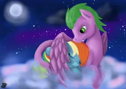 Size: 1063x751 | Tagged: artist:jayesixx, cute, derpibooru import, female, male, ponified spike, rainbow dash, rainbowspike, romance, safe, shipping, spike, straight