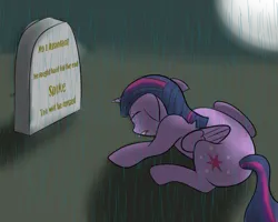 Size: 999x799 | Tagged: safe, artist:kickassking, derpibooru import, spike, twilight sparkle, twilight sparkle (alicorn), alicorn, pony, abuse, crying, female, gravestone, immortality blues, implied death, mare, moon, rain, sad, solo, spikeabuse