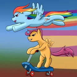 Size: 894x894 | Tagged: safe, artist:kickassking, derpibooru import, rainbow dash, scootaloo, pegasus, pony, flying, grin, happy, race, rainbow trail, scooter