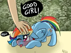 Size: 960x720 | Tagged: dead source, safe, artist:misspolycysticovary, derpibooru import, rainbow dash, human, pegasus, pony, :p, blushing, collar, cute, dashabetes, embarrassed, face down ass up, female, floppy ears, frown, glare, good girl, hand, lidded eyes, mare, pet play, pet-dash, petting, pony pet, solo focus, speech bubble, tongue out, ugh, wink