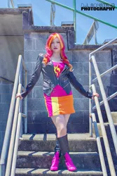 Size: 640x960 | Tagged: safe, artist:littlemissbloo, derpibooru import, sunset shimmer, human, equestria girls, boots, clothes, cosplay, irl, irl human, leather jacket, looking at you, outdoors, photo, pose, solo, stairs