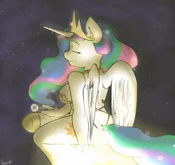 Size: 1280x1203 | Tagged: alicorn, anthro, artist:venauva, breasts, clothes, derpibooru import, eyes closed, female, glow, panties, princess celestia, sitting, smiling, solo, solo female, space, suggestive, sun, swimsuit, tangible heavenly object, thong, underwear, unguligrade anthro