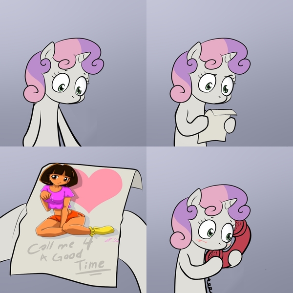 Size: 1024x1024 | Tagged: artist:dcrmx, blushing, breasts, call me for a good time, comic, derpibooru import, dora the explorer, exploitable meme, female, lesbian, meme, midriff, older, phone, suggestive, sweetie belle, sweetie's note meme