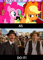 Size: 768x1064 | Tagged: a million ways to die in the west, applejack, derpibooru import, exploitable meme, make it happen, meme, moustache, neil patrick harris, pinkie pie, safe, screencap, seth macfarlane, western