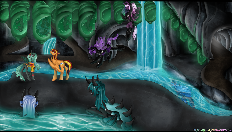 Size: 7000x4000 | Tagged: artist:nekomellow, cave, changeling, cocoon, derpibooru import, oc, oc:gallow wisp, oc:tech talk, queen chrysalis, safe