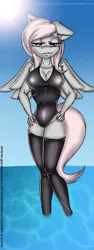 Size: 600x1600 | Tagged: anthro, anthro oc, artist:gamermac, belly button, breasts, cleavage, clothes, derpibooru import, female, lip bite, nudity, oc, oc:violet, one-piece swimsuit, solo, solo female, suggestive, swimsuit, unofficial characters only