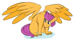 Size: 1835x977 | Tagged: safe, artist:10soup, derpibooru import, scootaloo, pegasus, pony, colored, simple background, sitting, solo, tongue out, white background, wings