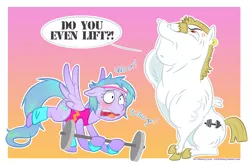 Size: 1046x692 | Tagged: artist:catwhitney, blushing, bulk biceps, derpibooru import, do you even lift, exhausted, facehoof, leg warmers, leotard, meme, oc, oc:sleepy skies, safe, sweat, weight, workout