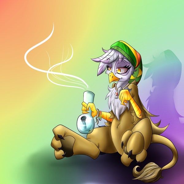 Size: 1280x1280 | Tagged: safe, artist:hitelf, artist:stoney pony, derpibooru import, gilda, gryphon, 420, bong, drugs, drug use, gradient background, hat, high, marijuana, redraw, solo