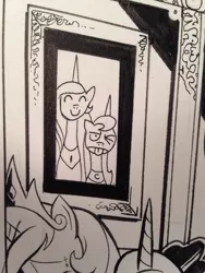 Size: 600x800 | Tagged: 666, andy you magnificent bastard, artist:andypriceart, derpibooru import, idw, lineart, monochrome, portrait, princess celestia, princess luna, safe, traditional art