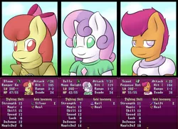Size: 1536x1118 | Tagged: anthro, apple bloom, archer, armor, artist:lamia, crossover, cutie mark crusaders, derpibooru import, fantasy class, fire emblem, knight, mage, nintendo, rpg, safe, scootaloo, stats, sweetie belle, warrior