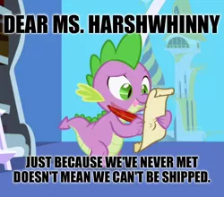 Size: 624x548 | Tagged: safe, derpibooru import, edit, edited screencap, screencap, ms. harshwhinny, spike, dragon, friendship is magic, caption, exploitable meme, female, hilarious in hindsight, image macro, letter, male, meme, quill, shipping, solo, spike's love letters, spikewhinny, straight, tempting fate, tongue out