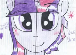 Size: 1052x760 | Tagged: safe, artist:optimusduskshine, derpibooru import, twilight sparkle, double, dusk shine, lined paper, rule 63, traditional art