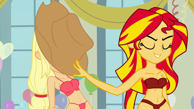 Size: 1920x1080 | Tagged: suggestive, derpibooru import, edit, edited screencap, screencap, applejack, sunset shimmer, equestria girls, equestria girls (movie), balloon, belly button, bra, breasts, clothes, panties, pink bikini, pink bikini bottom, pink bikini top, pink bra, pink panties, pink underwear, red bikini, red bikini bottom, red bikini top, red bra, red panties, red underwear, underwear, underwear edit