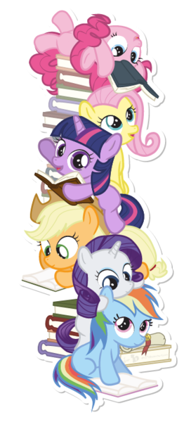 Size: 324x716 | Tagged: safe, artist:dm29, derpibooru import, applejack, fluttershy, pinkie pie, rainbow dash, rarity, twilight sparkle, unicorn, book, cute, dashabetes, diapinkes, female, filly, filly applejack, filly fluttershy, filly pinkie pie, filly rainbow dash, filly rarity, filly twilight sparkle, image, jackabetes, julian yeo is trying to murder us, mane six, on back, png, raribetes, shyabetes, simple background, sticker, tower of books, tower of pony, transparent background, twiabetes, unicorn twilight, younger