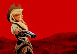 Size: 4093x2894 | Tagged: alternate universe, applejack, artist:lovelyneckbeard, crossover, derpibooru import, gun, human, humanized, john marston, looking down, red dead redemption, safe, sawed off shotgun, shotgun, solo, weapon, western