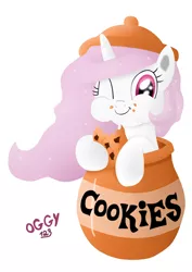 Size: 850x1200 | Tagged: artist:oggynka, cewestia, cookie, cookie jar, cookie jar pony, cute, derpibooru import, eating, filly, leaning, looking at you, princess celestia, puffy cheeks, safe, smiling, solo, :t, wink