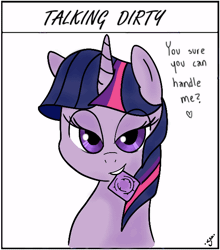 Size: 550x624 | Tagged: suggestive, artist:silver1kunai, derpibooru import, twilight sparkle, pony, animated, bedroom eyes, blinking, condom, condom in mouth, doing sexy things, female, gif, grin, heart, looking at you, mare, mouth hold, simple background, smiling, solo, solo female, white background