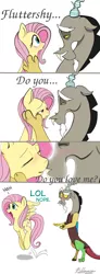 Size: 528x1440 | Tagged: safe, artist:sirskipper, derpibooru import, discord, fluttershy, draconequus, pegasus, pony, :o, anti-shipping, bedroom eyes, blushing, comic, confused, denied, eye contact, eyes closed, eyes open, female, flutterbitch, fluttertroll, friendzone, hopping, laughing, lol, lol no, lolno, male, mare, nope, open mouth, pronking, raised eyebrow, rejected, shipping denied, shocked, simple background, smiling, standing, text, trolling, white background, wide eyes