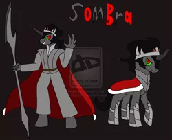 Size: 990x807 | Tagged: safe, artist:bioblood, derpibooru import, king sombra, anthro, solo, weapon