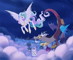 Size: 1021x839 | Tagged: safe, artist:tauwnycat, derpibooru import, discord, princess celestia, alicorn, draconequus, pony, ace of hearts, black vine, card, chaos, cloud, cloudy, duo, ethereal mane, eye contact, female, floating island, flying, hoof shoes, male, mare, mountain, night, peytral, playing card, sky