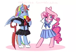 Size: 728x500 | Tagged: safe, artist:redmisa, derpibooru import, pinkie pie, rainbow dash, pony, semi-anthro, 30 minute art challenge, bipedal, clothes, cosplay, crossover, erica mendez, kill la kill, leaning, lemon, mako mankanshoku, open mouth, ryuko matoi, scissor blade, simple background, smiling, voice actor joke, white background, wink