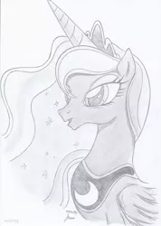 Size: 911x1280 | Tagged: artist:moaja, black and white, derpibooru import, grayscale, monochrome, portrait, princess luna, safe, solo, traditional art