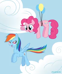 Size: 984x1164 | Tagged: artist:zilkenian, balloon, derpibooru import, pinkie pie, rainbow dash, safe, then watch her balloons lift her up to the sky