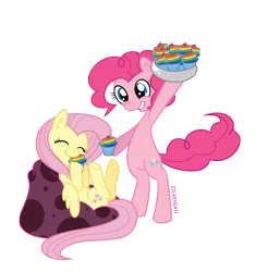 Size: 1120x1199 | Tagged: safe, artist:zilkenian, derpibooru import, fluttershy, pinkie pie, earth pony, pegasus, pony, bean bag chair, bowl, cupcake, rainbow cupcake