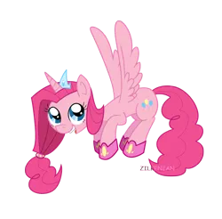 Size: 959x944 | Tagged: safe, artist:zilkenian, derpibooru import, pinkie pie, alicorn, pony, alicornified, cute, flying, looking up, open mouth, pinkiecorn, race swap, smiling, solo, spread wings, xk-class end-of-the-world scenario