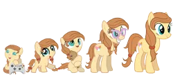 Size: 6868x3065 | Tagged: safe, artist:avisola, derpibooru import, oc, oc:cream heart, unofficial characters only, earth pony, pony, adorkable, age progression, baby, baby pony, blank flank, braces, controller, cute, cutie mark, dork, female, filly, foal, glasses, goggles, hooves, mare, ocbetes, open mouth, simple background, smiling, solo, teddy bear, teeth, transparent background, xbox 360, younger