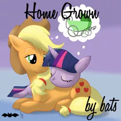 Size: 894x894 | Tagged: safe, artist:batsofchaos, derpibooru import, applejack, twilight sparkle, fanfic, cover, cuddling, eyes closed, fanfic art, fanfic cover, female, lesbian, prone, shipping, smiling, snuggling, thought bubble, twijack