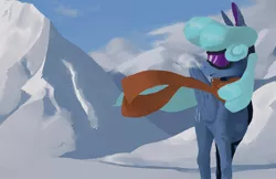 Size: 1920x1242 | Tagged: safe, artist:enma-darei, derpibooru import, oc, oc:cold snap, unofficial characters only, pegasus, pony, clothes, goggles, mountain, scarf, solo