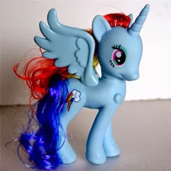 Size: 809x809 | Tagged: safe, derpibooru import, rainbow dash, alicorn, pony, bootleg, brushable, irl, photo, race swap, rainbowcorn, solo, toy