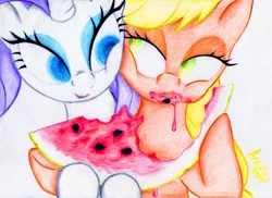 Size: 800x581 | Tagged: safe, artist:arxuicy, derpibooru import, applejack, rarity, female, lesbian, rarijack, shipping, traditional art, watermelon