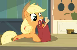 Size: 1024x664 | Tagged: apple, applejack, artist:jadedjynx, bag, carrot, derpibooru import, groceries, kitchen, mouth hold, my little sterelis, safe, solo