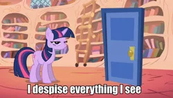 Size: 960x540 | Tagged: safe, derpibooru import, twilight sparkle, door, frown, grumpy twilight, image macro, looking at you, meme, solo, unamused